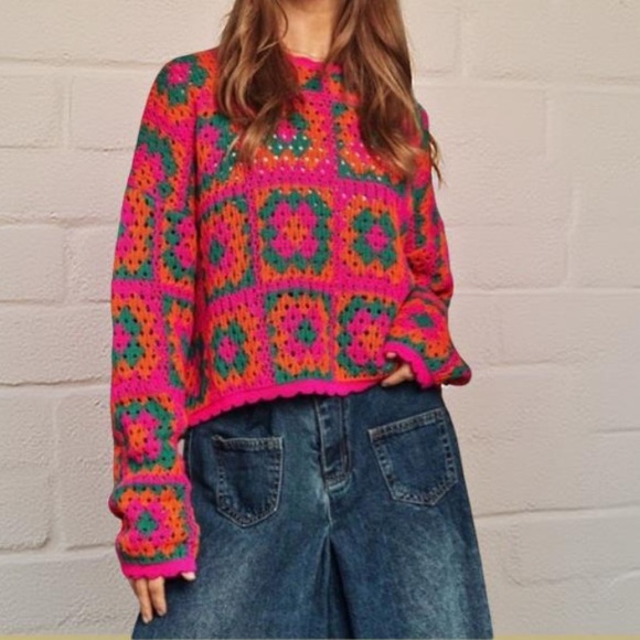 Patch Work Sweater Crochet Sweater / Boho Sweater Davi & Dani NWT Oversized - Picture 4 of 11